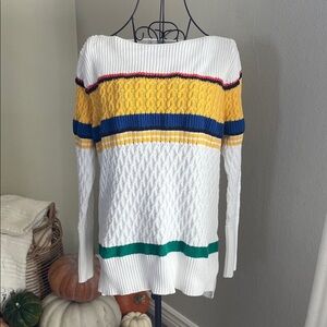 Liz Claiborne Off-the-Shoulder Sweater in White, Yellow, and Green